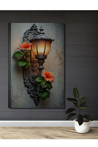 Teona Ahşap Antik Ferforje Lamba ve Turuncu Hibiskus Çiçekleri Yağlı Boya Gör...