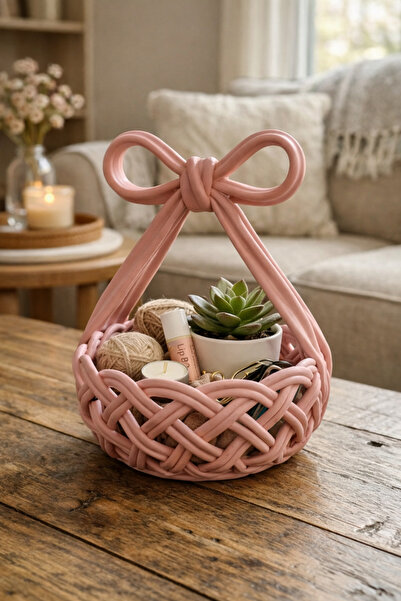 Lotus Dekoratif Pembe Örgü Sepet Organizer