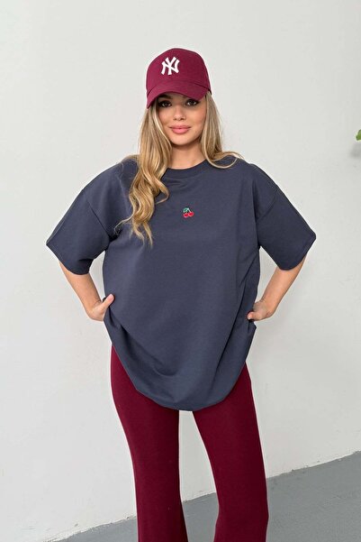 GİYSA Tricou de damă cu gât crew și accesorii Cherry, cu 2 șnururi, bleumarin...