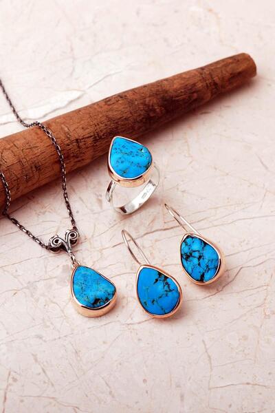 Sümer Telkari Taşlı Tasarım Elişi 925 Ayar Gümüş Damla Set 2863