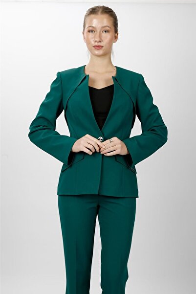 ÖNDER ÖZSOY Zero Collar Single Button Sporty Women's Jacket-Emerald