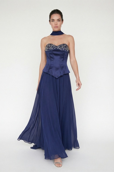 Lafaba Women's Navy Blue Strapless Collar Stoned Peplum Detail Long Evening D...