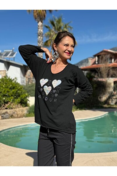 Punta Otantik YG27080 Bluză din bumbac italian cu imprimeu Amour, neagră