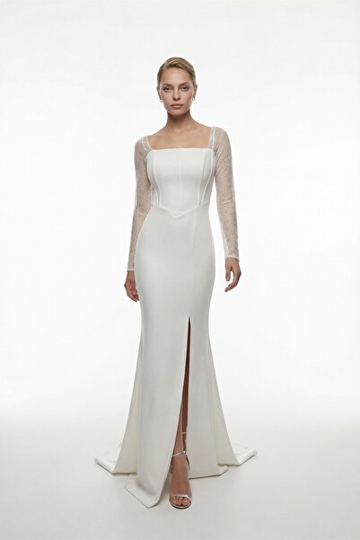 Lafaba Kadın Beyaz Kare Yaka Dantelli Uzun Balık Abiye Elbise