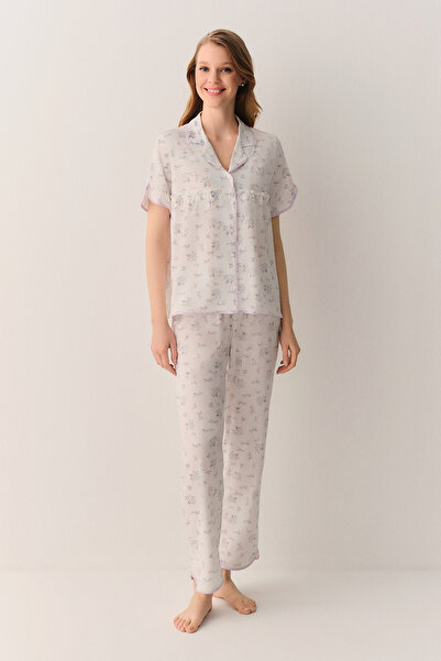 SUWEN Butterfly Pamuklu Gömlek Yaka Pijama Takımı