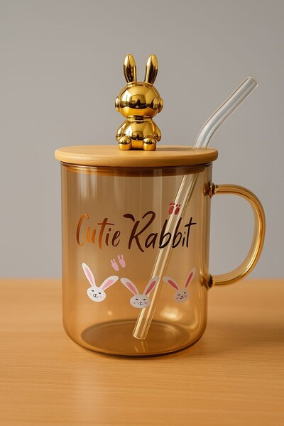 peanelife Cutie Rabbit Glass Mug with Rabbit Figure - Cute Cup with Bamboo Li...