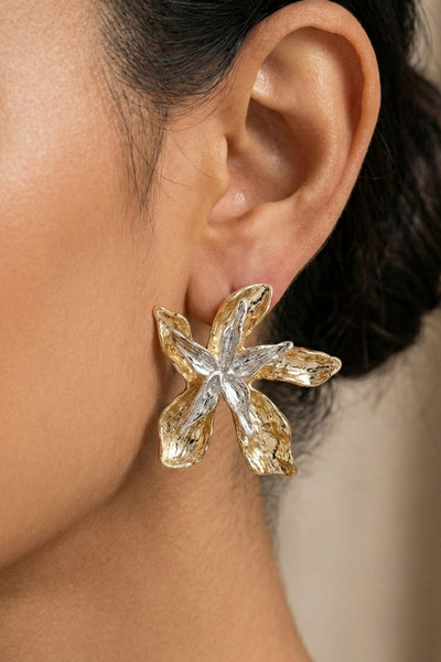 AURRARİ Gold and Silver 2-Piece Flower Earrings