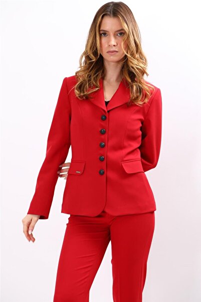 Classic Women's Jacket with Baby Collar Button -Red