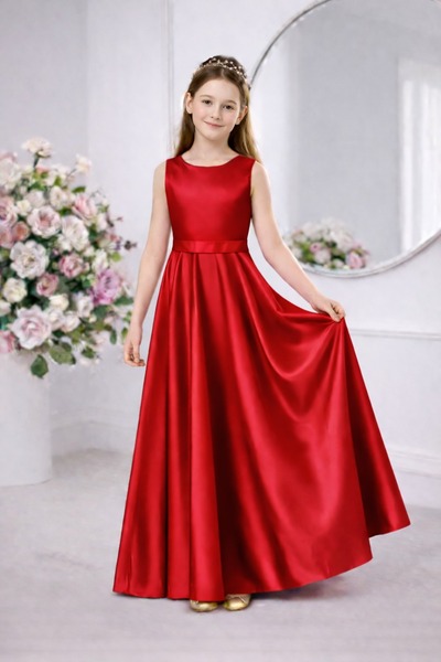 SUNEH Kız Çocuk Kırmızı Saten Bisiklet Yaka Sade Elbise Mezuniyet Doğum Günü ...