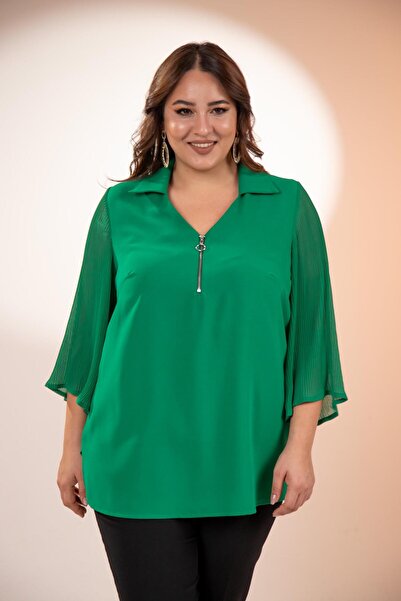 Roxxlen Γυναικεία μπλούζα μεγάλου μεγέθους με πιέτες και φερμουάρ