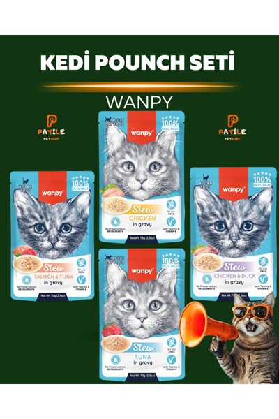 Wanpy Pouch Karışık Yaş Kedi Maması Paketi 4x70 gr (Tavuk&Ördek, Somon&Ton, T...