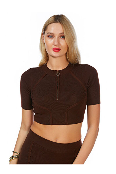 london Rag Women Zip up Half Sleeve Cropped Cardigan in Dark Brown