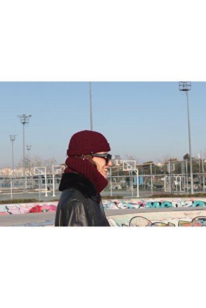 Red Sonja Metal Halkalı Bordo Tak Çıkar Atkı Balaclava Bere 3 in 1