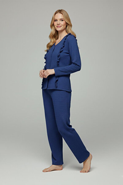 FİT WOMEN FIRFIRLI V YAKALI ÖNÜ DÜĞMELİ UZUN KOLLU PİJAMA TAKIMI 4451