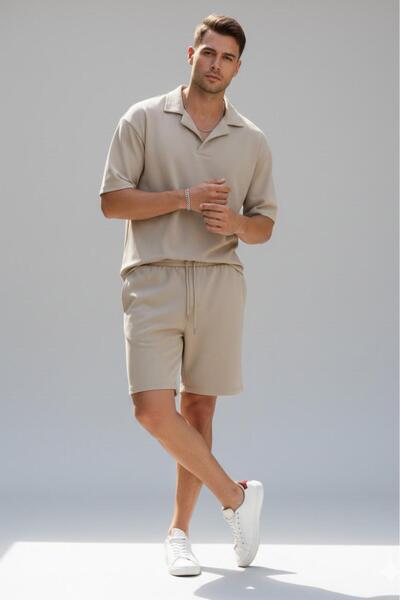 NO 601 Men's Beige Buttonless Apaj Collar Tshirt Beige Shorts Set