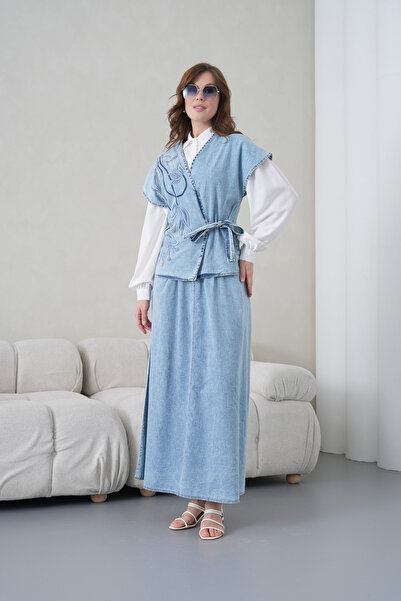 Miss Allos Women's Denim Vest and Denim Skirt Set with Bead Embroidery Detail...