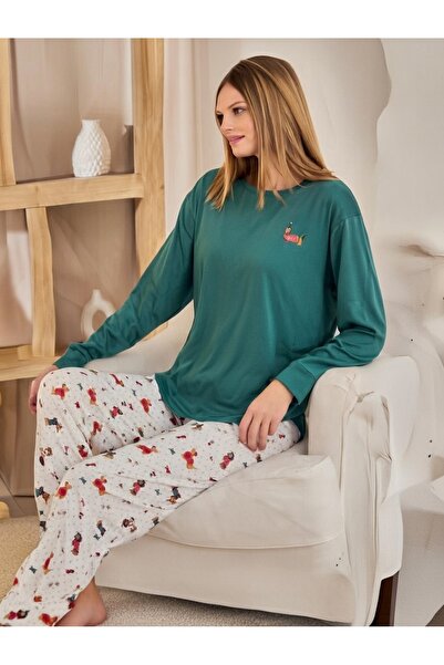 PİJALİNA TOPTAN PERAKENDE VE ONLİNE TEKSTİL Green Top Patterned Bottom Women'...