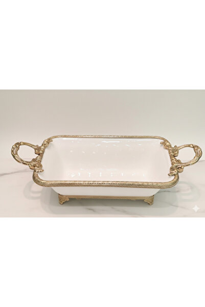 Furkan Decorative Bronze Metal White Rectangular Deep Presentation Plate
