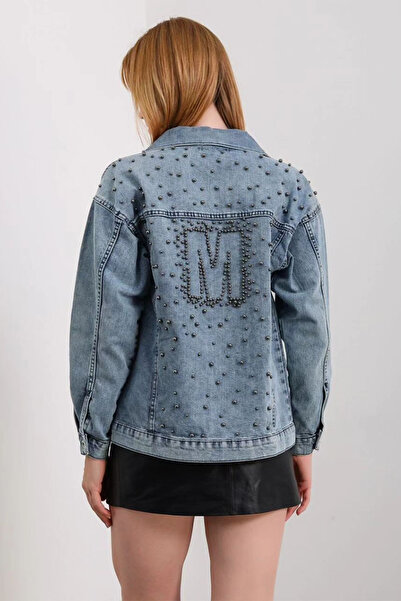 Hatun Atila Denim Jacket with m Letter Embroidery on the Back and Pearls 7661