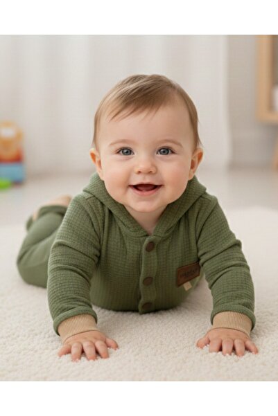 Egelite Erkek Bebek 6-9-12-18 Aylık Kapüşonlu Mevsimlik Boydan Çıtçıtlı Waffl...