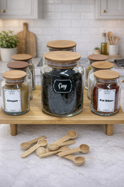 LİNGO HOME 2 Size Ladyfest Cam Spice Jar Set with Bamboo Stand and Vacuum Lid...