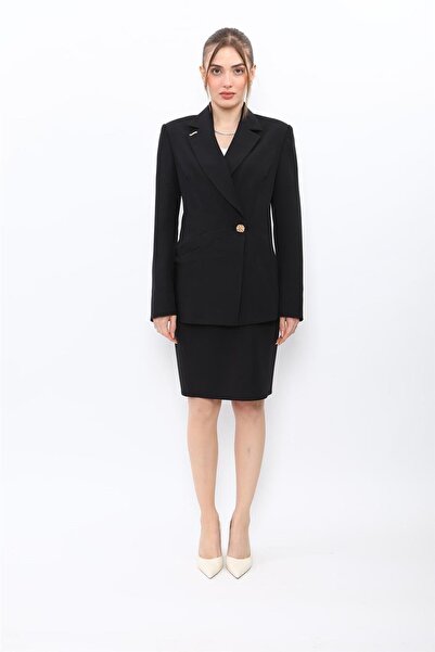 ÖNDER ÖZSOY Pleated Double-Breasted Single-Button Jacket & Mini Slit Short Ti...