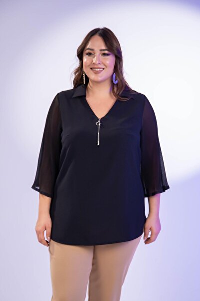 Roxxlen Γυναικεία μπλούζα μεγάλου μεγέθους με πιέτες και φερμουάρ