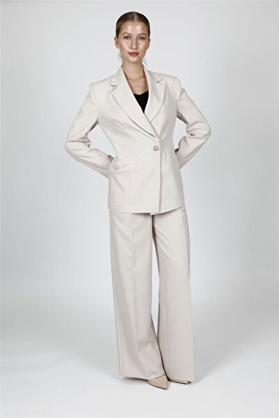 ÖNDER ÖZSOY Pleated Double-Breasted Single-Button Jacket & Classic Palazzo Wo...