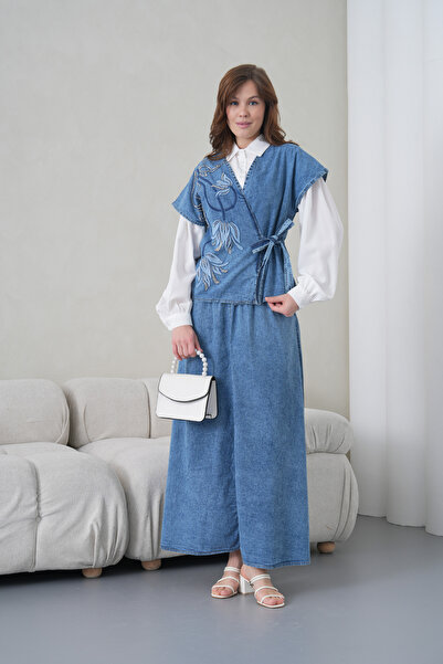 Miss Allos Women's Denim Vest and Denim Skirt Set with Bead Embroidery Detail...