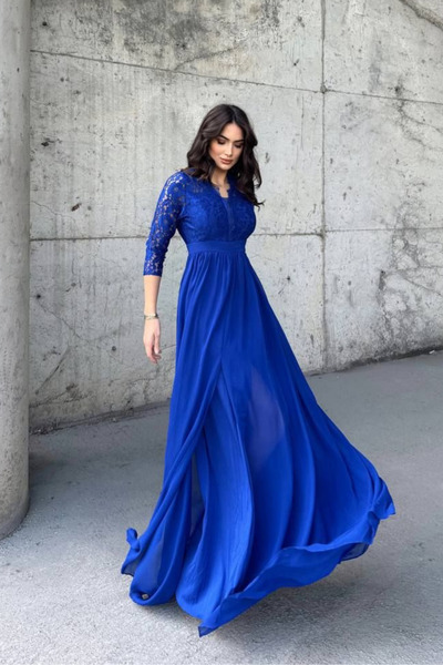 Sindimoda Sofia Güpür Detay Yırtmaçlı Abiye 84596 SAKS MAVİSİ