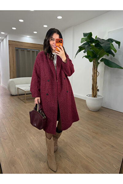 2she Premium Seri Kolu Düğmeli Buklet Kaban - Bordo