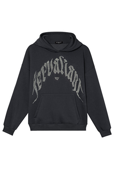 Fer Valiant Unisex Curved Stone Printed Oversized Hooded Sweatshirt