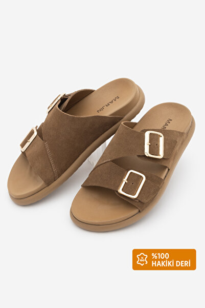 Marjin Women's Genuine Leather Double-Strapped Gold Buckle Casual Slippers Do...