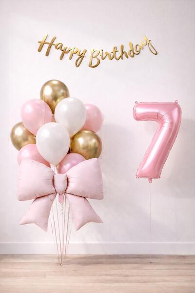 Patladı Gitti Pink Bow 7Th Birthday Balloon Set