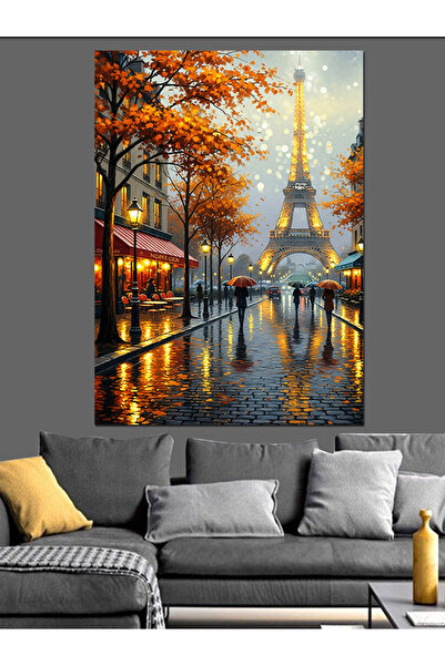 Tablo Mega Sonbahar Paris Eyfel Kulesi Yağmur Dekoratif Kanvas - Mdf Ahşap Tablo