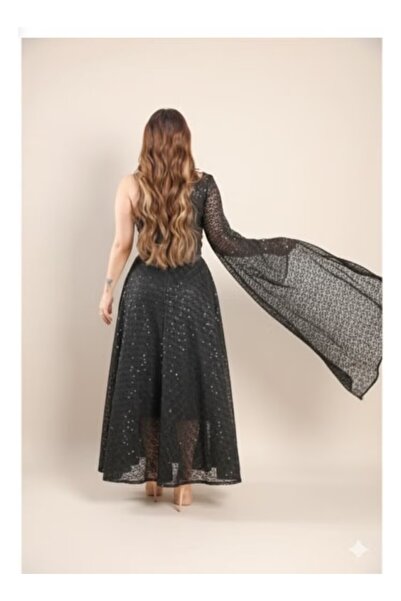 FULLJOY فستان سهره طويل بكم واحد واسع مع حزام في الخصر ,فستان موضة