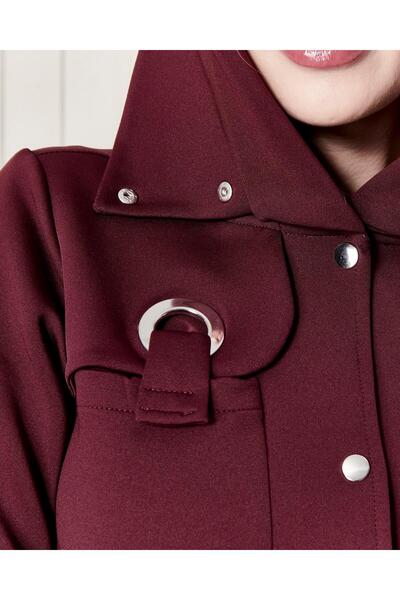 Zer Otantik Stylish Collared Hooded Buttoned Long Coat Burgundy