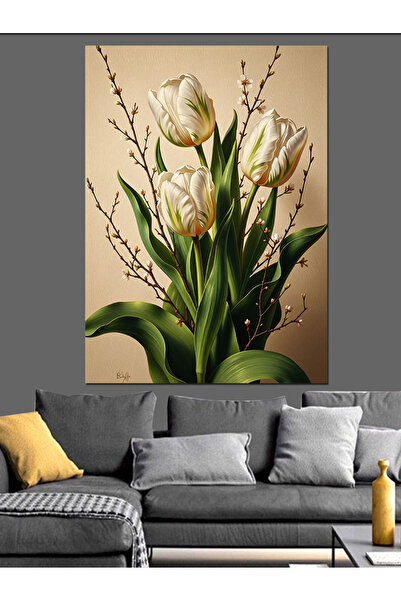 KanvasSepeti Floare de lalele albe Pictură în ulei de înaltă calitate textura...