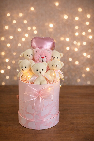 hediye Kalpli Balonlu LED Işıklı 6’lı Beyaz Ayıcık Buketi Sevgililer Gününe ÖZEL