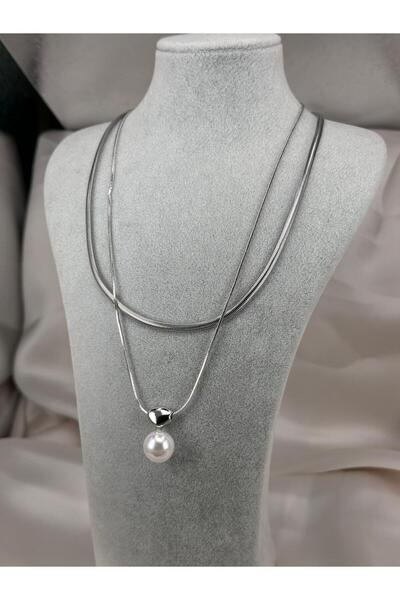 ZS Aksesuar Çift Zincirli İnci Detaylı Gümüş Renk Çelik Kolye