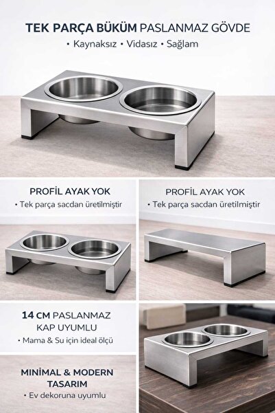 STEELPAW Paslanmaz Çelik Mama & Su Standı | Tek Parça Büküm | Kaynaksız Tasarım
