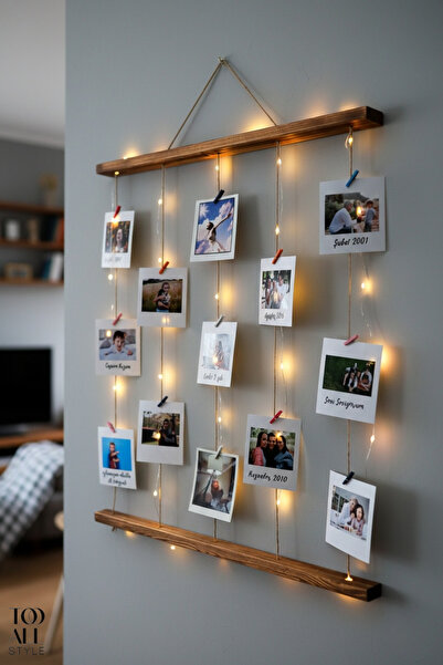 Tooall Ledli İpli Mandallı Fotoğraf Askısı, Ahşap Anı Duvarı, Sevgililer Günü...