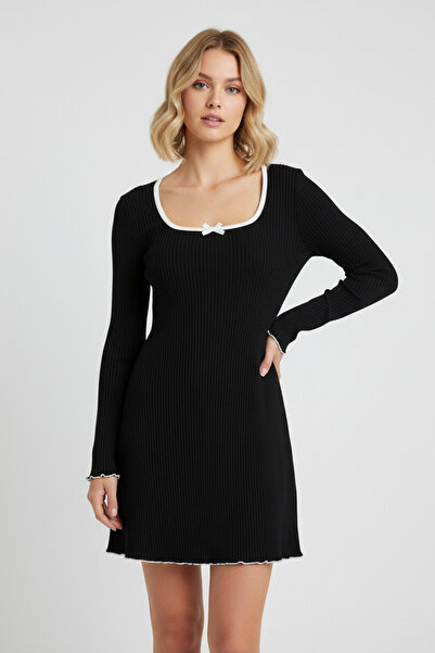 NEW JOURNAL Γυναικείο μαύρο ελαστικό φόρεμα με πλέξη από καουτσούκ που εφαρμό...