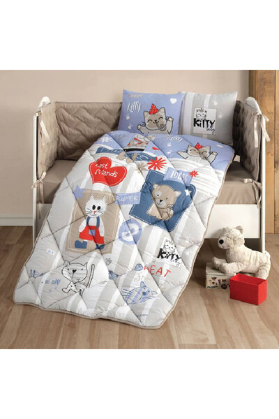 Talis Set Complet Lenjerie de Pat Bebelusi Kitty V1 Albastru, Bumbac 100%