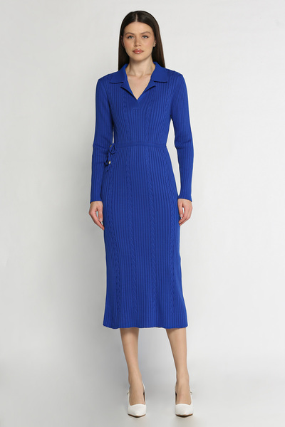 azragül giyim Polo Yaka Bel Bağlamalı Uzun Triko Elbise