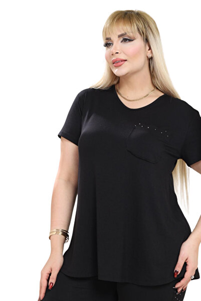 MELSAY Women's Black Short Sleeve Pocket Stone Printed Elastic Waist Capri Set