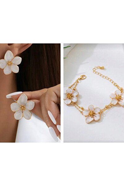 EKİDORA Zarif Ekru Gold Mineli Çiçek Desenli 2’li Set Kadın Küpe + Bileklik Ç...