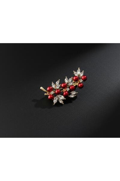 Vira Rise Kırmızı İnci ve Markiz Kesim Taşlı Dallı Kadın Broş Ebat:4,5*5,5cm