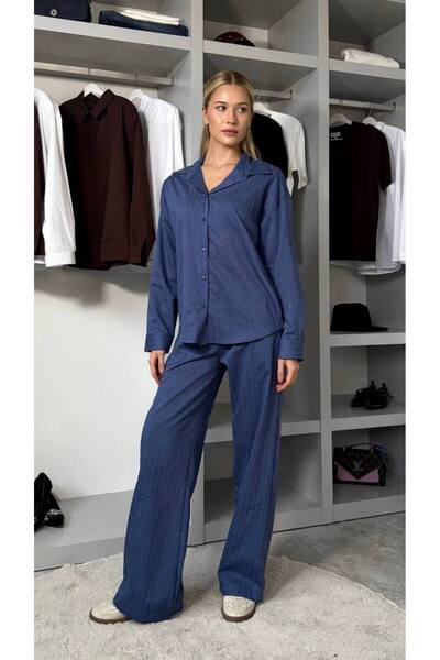 FLOWERİNG Women's Sequin Stripe Detailed Navy Blue Suit