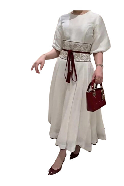 TREN White Linen A-Line Midi Dress Embroidered Belt Short Sleeve Round Neck E...